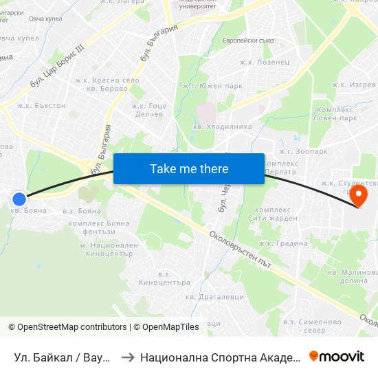 Ул. Байкал / Baykal St. (1835) to Национална Спортна Академия Васил Левски map