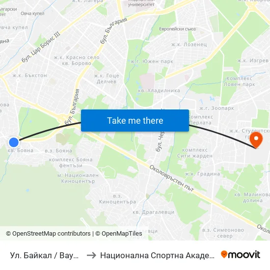 Ул. Байкал / Baykal St. (1835) to Национална Спортна Академия Васил Левски map