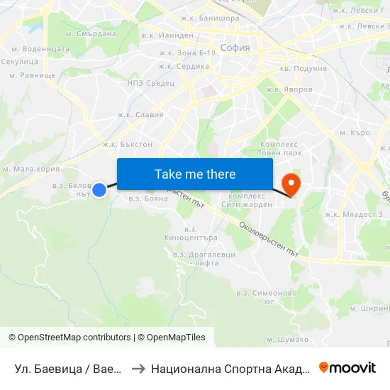 Ул. Баевица / Baevitsa St. (1833) to Национална Спортна Академия Васил Левски map