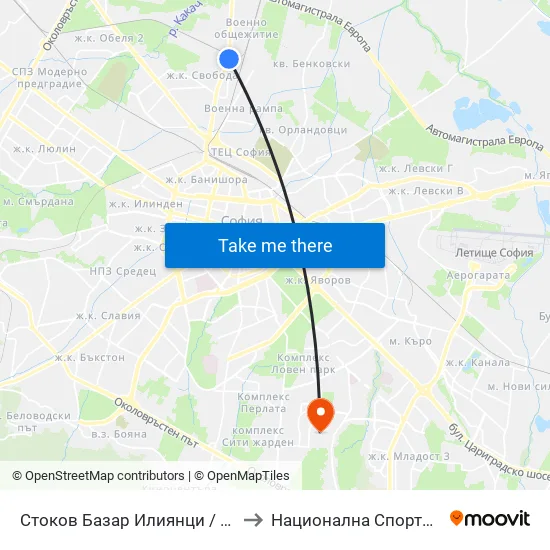 Стоков Базар Илиянци / Iliyantsi Commodity Market (2456) to Национална Спортна Академия Васил Левски map