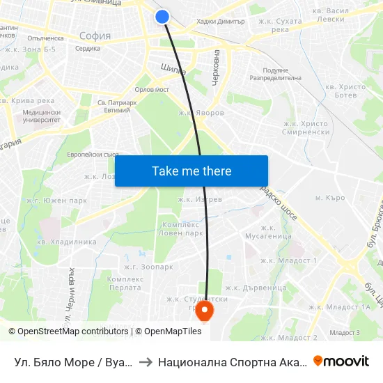 Ул. Бяло Море / Byalo More St. (1857) to Национална Спортна Академия Васил Левски map