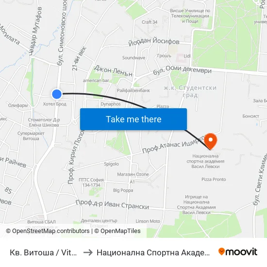 Кв. Витоша / Vitosha (0822) to Национална Спортна Академия Васил Левски map