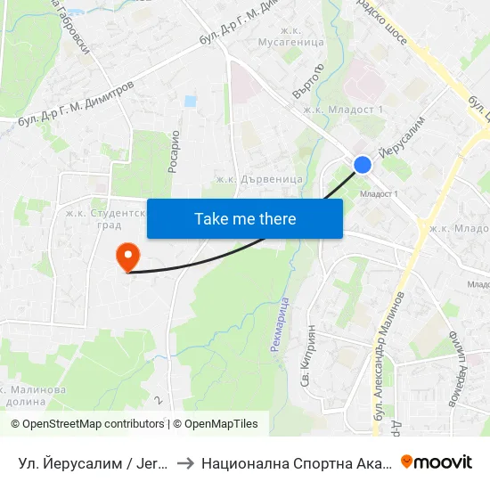 Ⓜ️ Ул. Йерусалим / Jerusalem St. (2471) to Национална Спортна Академия Васил Левски map