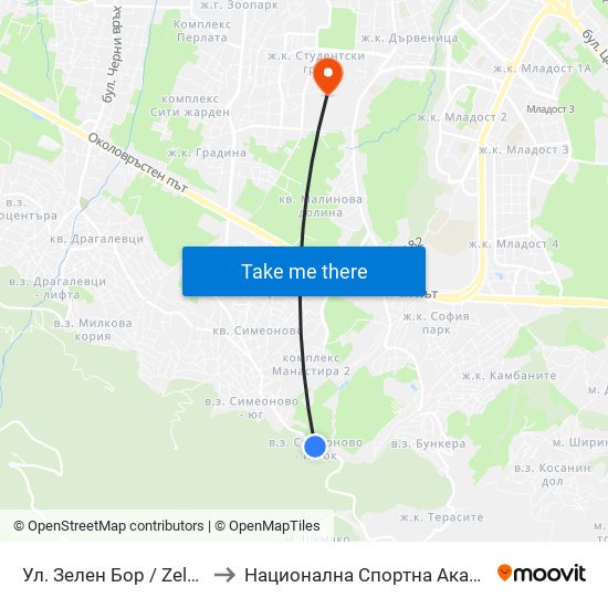 Ул. Зелен Бор / Zelen Bor St. (0260) to Национална Спортна Академия Васил Левски map
