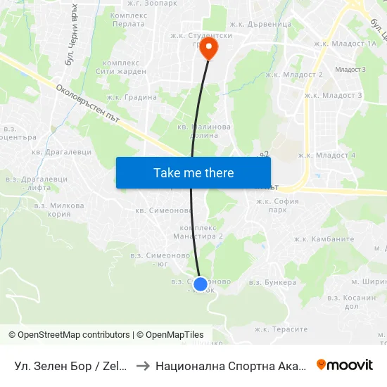 Ул. Зелен Бор / Zelen Bor St. (0260) to Национална Спортна Академия Васил Левски map