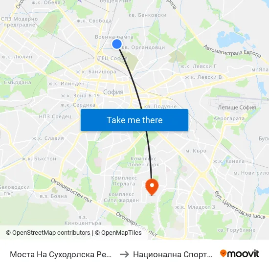 Моста На Суходолска Река / Suhodolska River Bridge (1505) to Национална Спортна Академия Васил Левски map