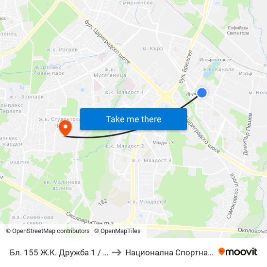 Бл. 155 Ж.К. Дружба 1 / Bl. 155, Druzhba 1 Qr. (0142) to Национална Спортна Академия Васил Левски map