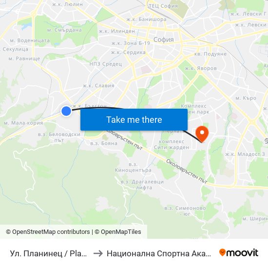 Ул. Планинец / Planinets St. (2103) to Национална Спортна Академия Васил Левски map