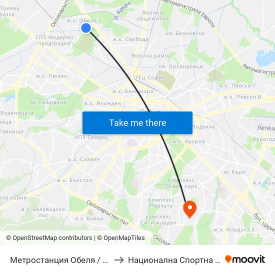 Метростанция Обеля / Obelya Metro Station (6240) to Национална Спортна Академия Васил Левски map