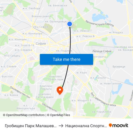 Гробищен Парк Малашевци / Malashevtsi Cemetery (1147) to Национална Спортна Академия Васил Левски map