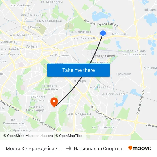 Моста Кв.Враждебна / Vrazhdebna Qr. Bridge (1093) to Национална Спортна Академия Васил Левски map