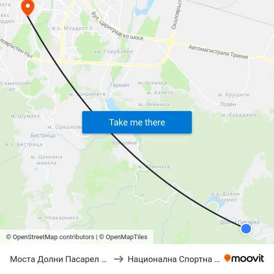 Моста Долни Пасарел / Dolni Pasarel Bridge (1088) to Национална Спортна Академия Васил Левски map