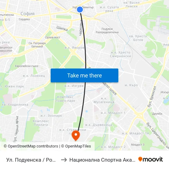 Ул. Подуенска / Poduenska St. (2118) to Национална Спортна Академия Васил Левски map