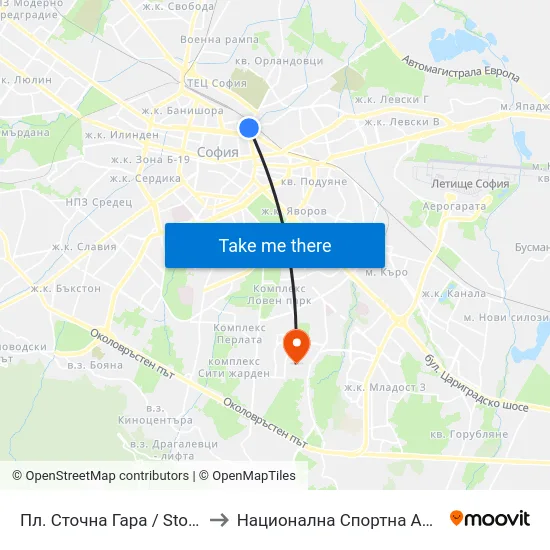 Пл. Сточна Гара / Stochna Gara Sq. (1312) to Национална Спортна Академия Васил Левски map