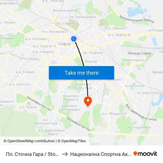 Пл. Сточна Гара / Stochna Gara Sq. (1319) to Национална Спортна Академия Васил Левски map