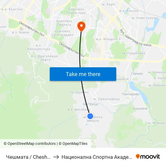👋 Чешмата / Cheshmata (1507) to Национална Спортна Академия Васил Левски map