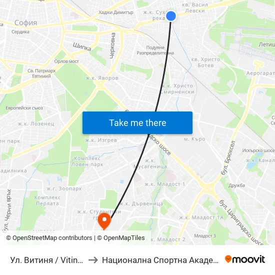 Ул. Витиня / Vitinya St. (1874) to Национална Спортна Академия Васил Левски map