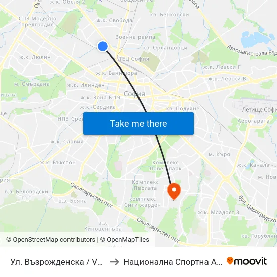 Ул. Възрожденска / Vazrozhdenska St. (1884) to Национална Спортна Академия Васил Левски map