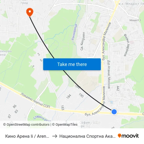 Кино Арена Іі / Arena II Cinema (2492) to Национална Спортна Академия Васил Левски map