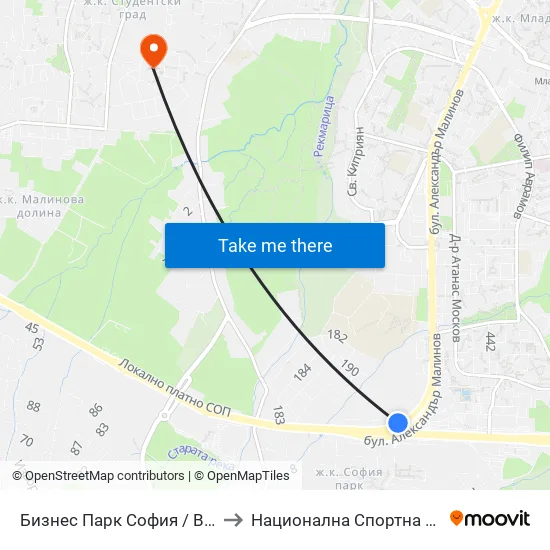 Бизнес Парк София / Business Park Sofia (2625) to Национална Спортна Академия Васил Левски map
