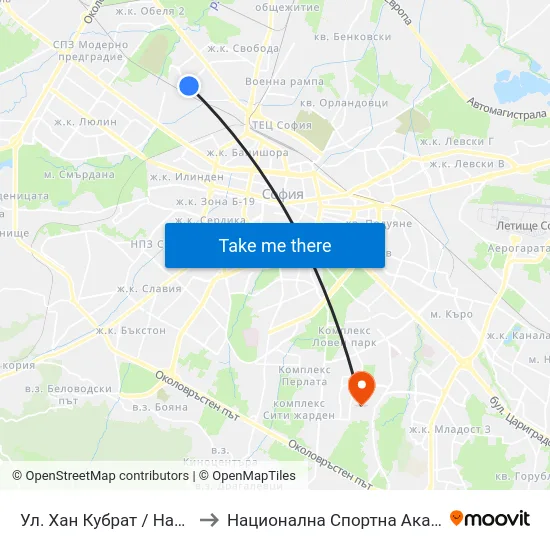 Ул. Хан Кубрат / Han Kubrat St. (2232) to Национална Спортна Академия Васил Левски map