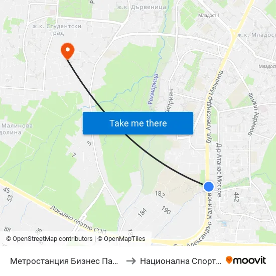 Ⓜ️ Метростанция Бизнес Парк / Business Park Metro Station (2373) to Национална Спортна Академия Васил Левски map
