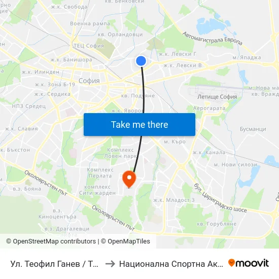 Ул. Теофил Ганев / Teofil Ganev St.(2204) to Национална Спортна Академия Васил Левски map