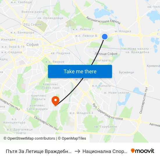 Пътя За Летище Враждебна / the Road To Vrazhdebna Airport (2407) to Национална Спортна Академия Васил Левски map
