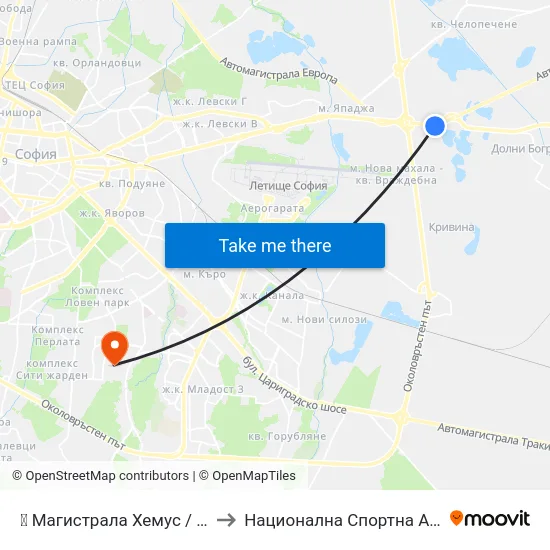 🛍️ Магистрала Хемус / Hemus Highway (2695) to Национална Спортна Академия Васил Левски map