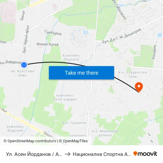 Ул. Асен Йорданов / Asen Yordanov St. (0786) to Национална Спортна Академия Васил Левски map