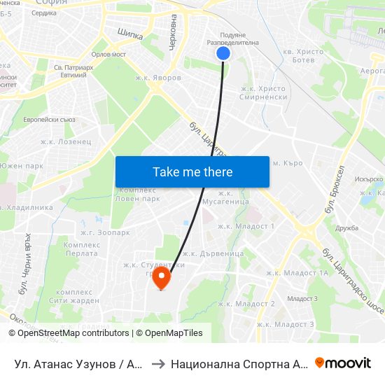 Ул. Атанас Узунов / Atanas Uzunov St. (1829) to Национална Спортна Академия Васил Левски map