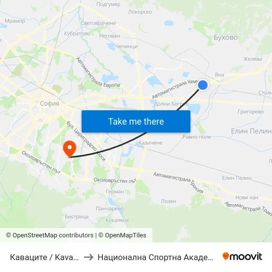 Каваците / Kavatsite (0780) to Национална Спортна Академия Васил Левски map