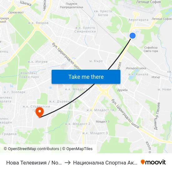 Нова Телевизия / Nova Television (2473) to Национална Спортна Академия Васил Левски map