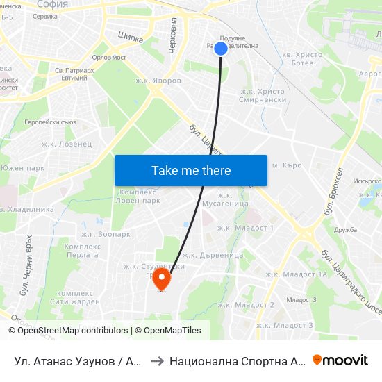 Ул. Атанас Узунов / Atanas Uzunov St. (1830) to Национална Спортна Академия Васил Левски map