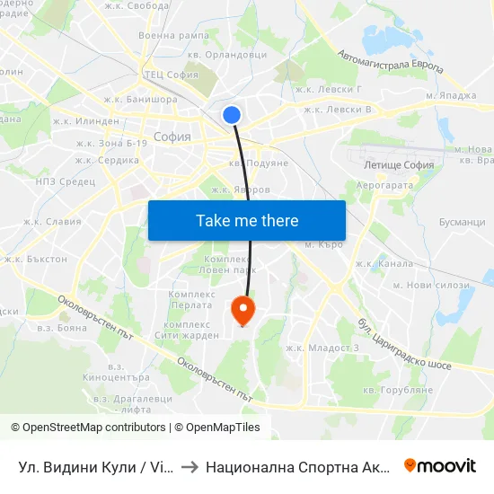 Ул. Видини Кули / Vidini Kuli St. (1868) to Национална Спортна Академия Васил Левски map