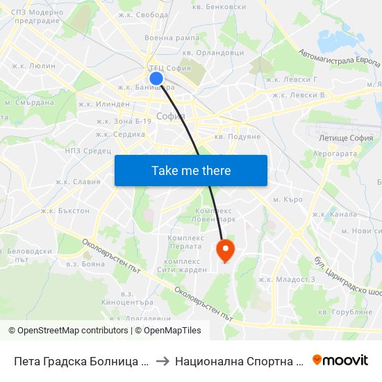 Пета Градска Болница / 5-Th City Hospital (1254) to Национална Спортна Академия Васил Левски map
