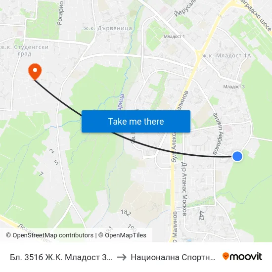 Бл. 351б Ж.К. Младост 3 / Bl. 315b, Mladost 3 Qr. (0202) to Национална Спортна Академия Васил Левски map
