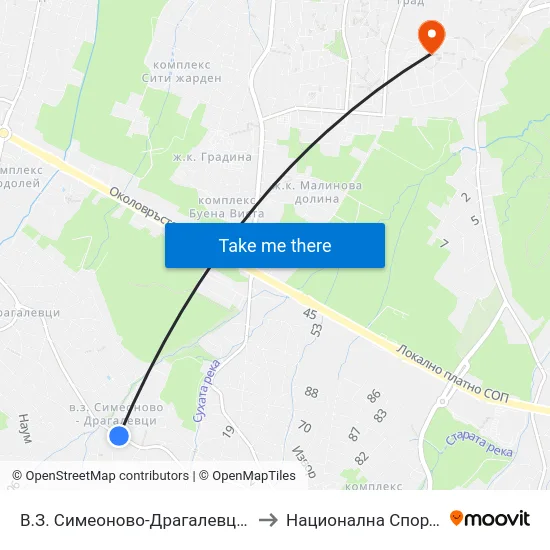 В.З. Симеоново-Драгалевци / Simeonovo-Dragalevtsi Villa Zone (0779) to Национална Спортна Академия Васил Левски map