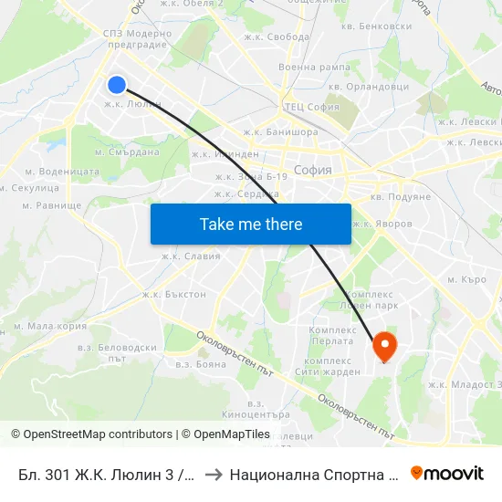 Бл. 301 Ж.К. Люлин 3 / Bl. 301, Lyulin 3 Qr. (0185) to Национална Спортна Академия Васил Левски map