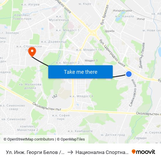 Ул. Инж. Георги Белов / Inzh. Georgi Belov St. (0777) to Национална Спортна Академия Васил Левски map