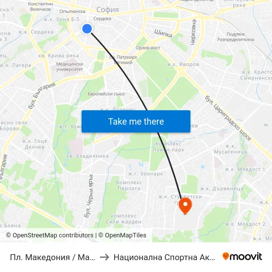 Пл. Македония / Macedonia Sq. (1281) to Национална Спортна Академия Васил Левски map
