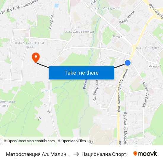 Метростанция Ал. Малинов / Al. Malinov Metro Station (0169) to Национална Спортна Академия Васил Левски map