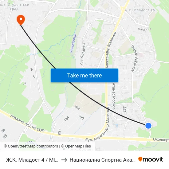 Ж.К. Младост 4 / Mladost 4 Qr. (6380) to Национална Спортна Академия Васил Левски map