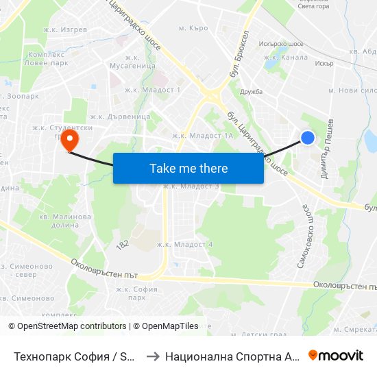 Технопарк София / Sofia Technopark (0189) to Национална Спортна Академия Васил Левски map