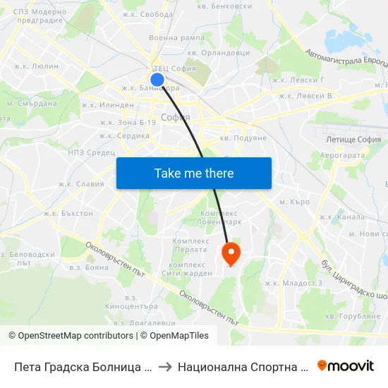 Пета Градска Болница / 5-Th City Hospital (1256) to Национална Спортна Академия Васил Левски map