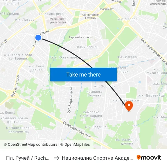 Пл. Ручей / Ruchey Sq. (1304) to Национална Спортна Академия Васил Левски map