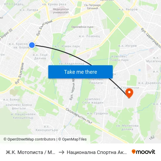 Ж.К. Мотописта / Motopista Qr. (0672) to Национална Спортна Академия Васил Левски map