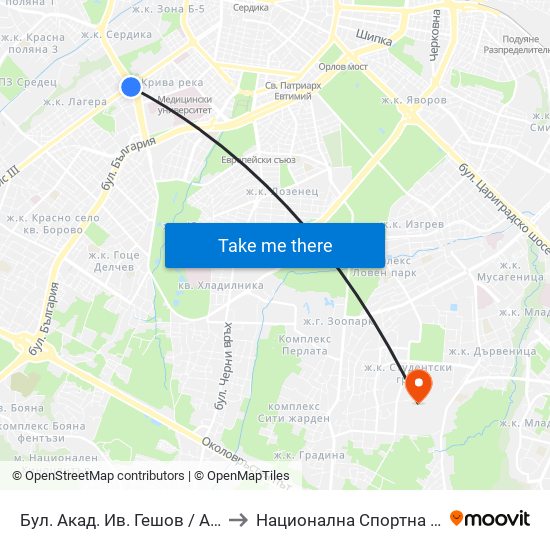 Бул. Акад. Ив. Гешов / Acad. Iv. Geshov Blvd. (0274) to Национална Спортна Академия Васил Левски map