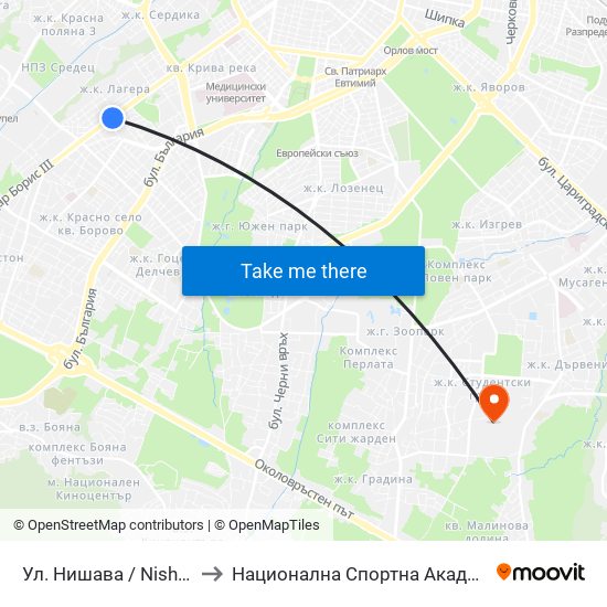 Ул. Нишава / Nishava St. (2110) to Национална Спортна Академия Васил Левски map