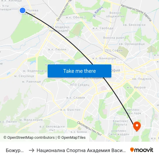 Божурище to Национална Спортна Академия Васил Левски map